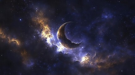Stunning Celestial Scene Featuring a Crescent Moon Surrounded by Colorful Nebula and Stars