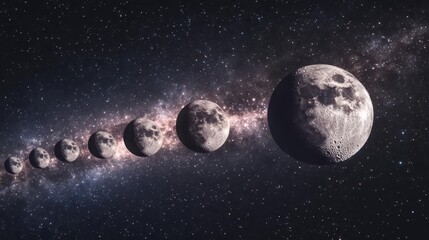 Sequence of Moon Phases Against a Starry Cosmic Background in Deep Space
