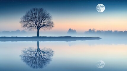 Serene Landscape with Tree Reflection Under Moonlit Sky and Calm Waters at Dusk