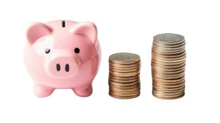 piggy bank and coins isolated on white background 