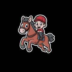 Cartoon Illustration Of Child Riding A Brown Horse With Red Helmet on Isolated Background