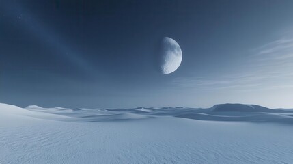 Serene Night Landscape with Moon Over Blue Tones and Sparkling Stars in Vast Open Space