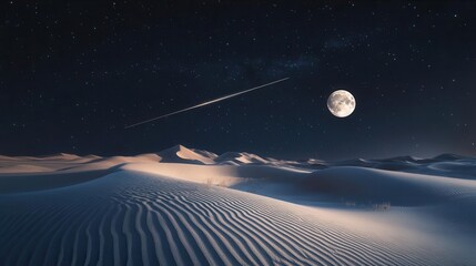Starlit Desert Landscape Under a Full Moon with Cosmic Elements and Gentle Sand Dunes