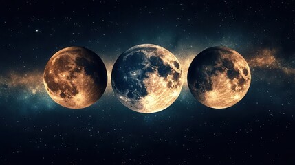 Stunning Triple Moon Phases Display Against a Starry Night Sky in the Cosmic Universe