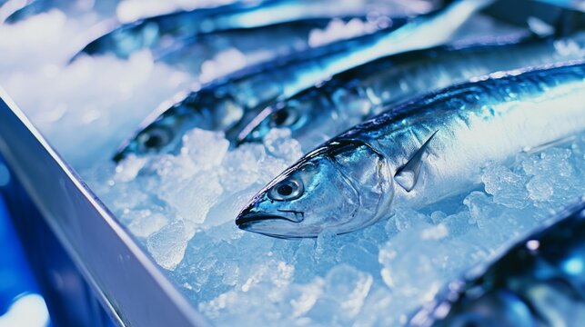Freshly Caught Mackerel Displayed on Ice at a Bustling Fish Market