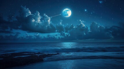 Serene Night Ocean Landscape Under a Bright Moon with Stars and Reflective Water Surface