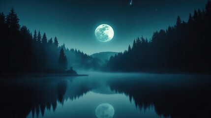 Serene Night Landscape with Full Moon Reflecting Over Calm Waters Surrounded by Lush Forests
