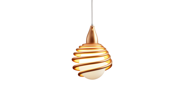 Close up of a copper colored modern spiral pendant lightbulb