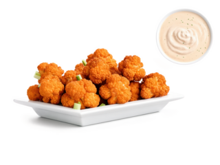 Cauliflower Buffalo Bites Crispy cauliflower florets coated in a spicy Buffalo sauce, with a light, crunchy breading. The sauce gives