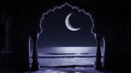 Serene Night Sky with Crescent Moon Over Calm Ocean Waters Framed by Architectural Archway