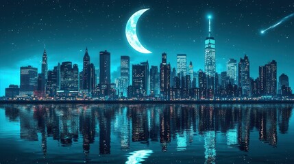 Stunning Nighttime Cityscape with Crescent Moon and Reflections in Calm Water