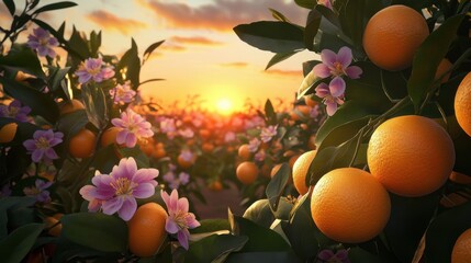 A vibrant sunset scene in an orange grove with flowers.