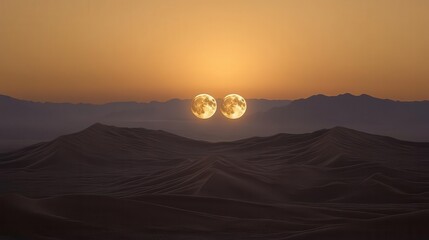 Stunning Desert Sunset with Dual Suns Creating a Golden Horizon Over Distant Mountains
