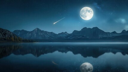 Stunning Full Moon Reflecting Over a Tranquil Lake Surrounded by Majestic Mountains at Night