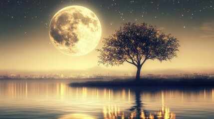 Serene Moonlit Night Over a Still Lake with a Silhouette of a Tree and Sparkling Stars