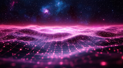 mesmerizing digital landscape featuring vibrant pink grid over rolling waves, set against starry cosmic background. This design evokes sense of depth and futuristic beauty