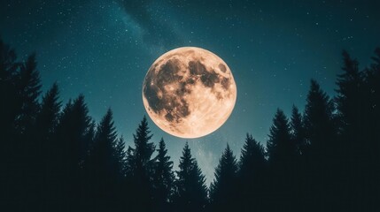 Stunning Full Moon Shining Brightly Over a Dark Forest with Stars in the Night Sky