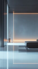 Modern minimalist bedroom interior design. Sleek lines, subtle lighting, and a serene atmosphere create a tranquil space. Perfect for relaxation and peaceful sleep.
