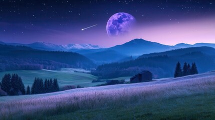Stunning Night Landscape with Full Moon Over Mountains and Serene Valley in Twilight