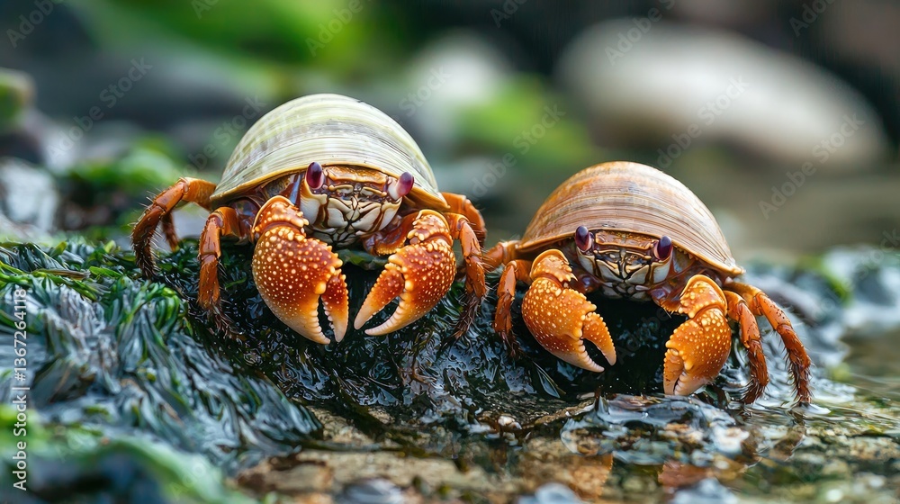 Poster Hermit crabs exploring a rocky shore with tidal pools and algae. 