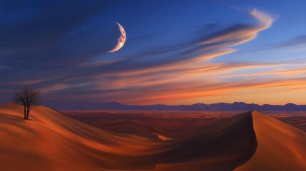 Stunning Sunset Over Desert Sand Dunes With Moonlit Sky And Gentle Clouds In Twilight