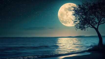 Stunning Night Landscape with Full Moon Over Ocean and Silhouetted Tree by the Shore