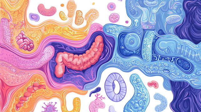 gut health progression from symbiosis to dysbiosis and leaky gut, showing microbiota changes, inflammation, and intestinal permeability diagram hand drawn raster illustration. Medical science 