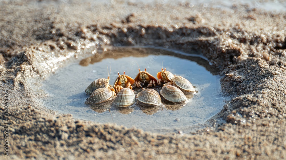 Poster hermit crabs gathered around a small puddle in a sandy environment