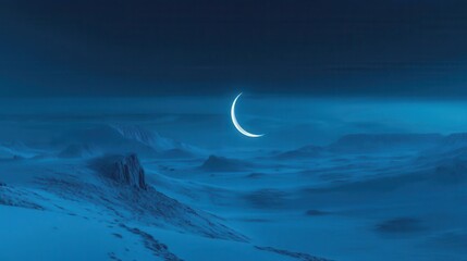 Serene Snowy Landscape Under a Crescent Moon in a Dark Blue Night Sky