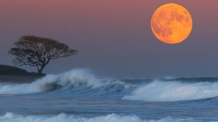 Serene Ocean Waves Under A Bright Orange Moon At Sunset With A Silhouette Tree In The Background