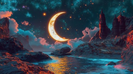 Surreal Night Landscape Featuring Illuminated Moon Over Ocean with Stars and Rocky Shoreline