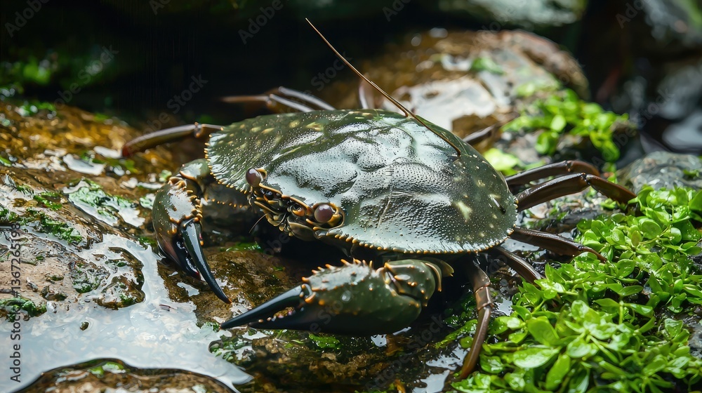 Poster iew of a horseshoe crab on a wet rock surrounded by algae.
