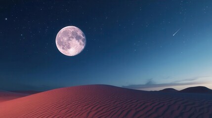 Stunning Full Moon Over Dunes in a Desert Landscape with Starry Night Sky