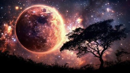 Stunning Cosmic Landscape Featuring Full Moon and Silhouette of a Tree Against Starry Night Sky