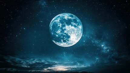Stunning Full Moon Illuminating a Starry Night Sky with Clouds in a Serene Landscape
