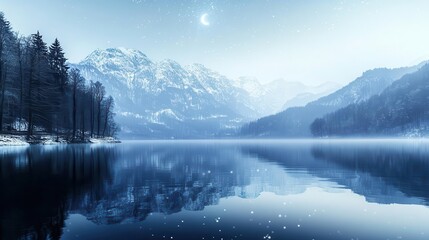 Snowy Mountain Landscape Featuring a Tranquil Lake Under a Starry Night Sky with Reflection