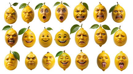 Fototapeta premium Collection of lemon fruits with a human face isolated on transparent background. 