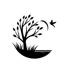 Simple Silhouette: Tree, Bird, and Crescent Embrace