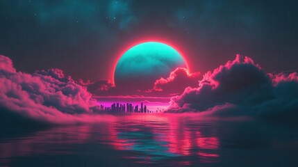 Stunning Neon Moon Over a City Skyline in a Surreal Oceanic Reflection at Night