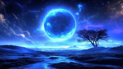Stunning Night Landscape with Glowing Blue Moon and Isolated Tree Under Starry Sky
