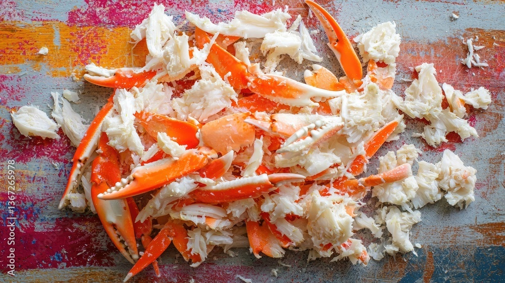 Poster imitation crab pieces on a colorful cutting board, ready for use in recipes