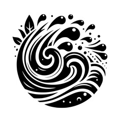 Ink Wave: Abstract Black and White Circular Design with Leaf Element
