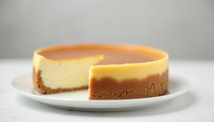 Classic plain cheesecake with golden glaze topping and crumbly crust on white plate, minimal dessert on marble background, AI
