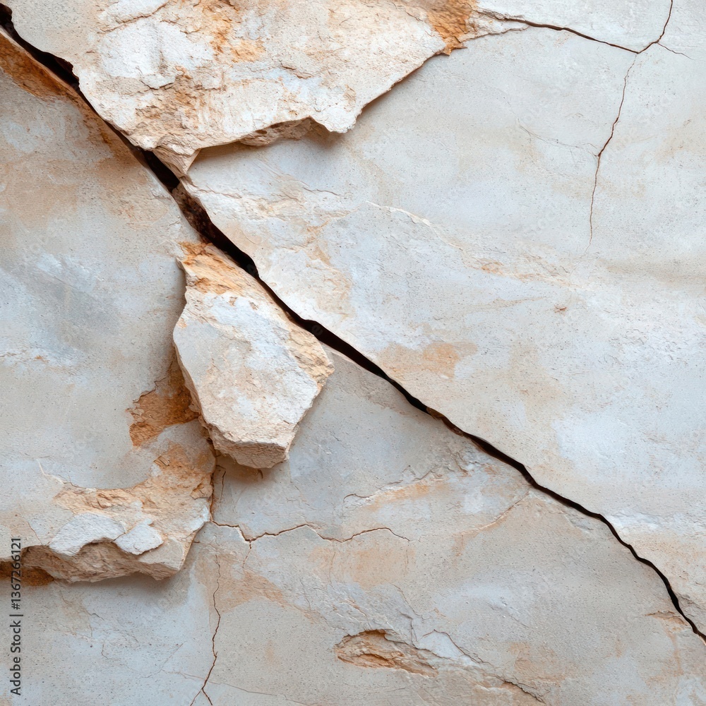 Poster Close up of a weathered wall shows cracks and textures in shades of beige and gray creating a rough surface with diagonal split and imperfect lines