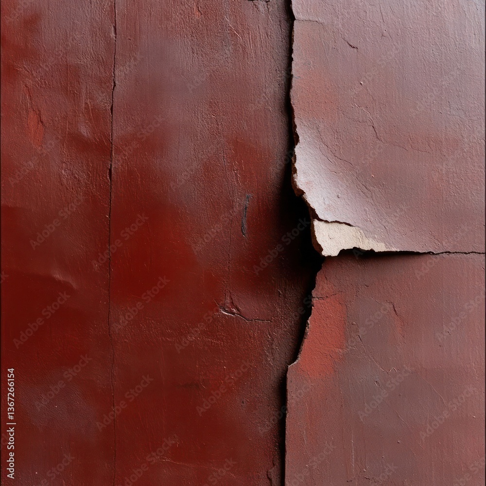 Poster close up detail of weathered cracked red wall. the surface texture reveals age and damage with broke
