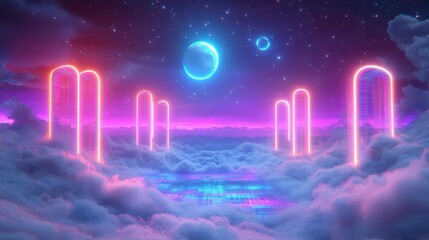 Surreal Dreamlike Landscape with Neon-Illuminated Structures Above Colorful Clouds and Stars