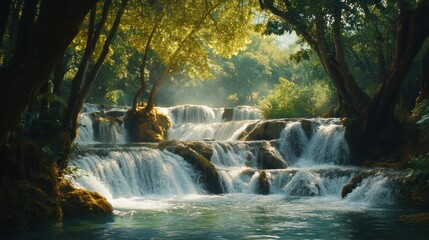 Obraz premium Picturesque waterfall cascading through the lush green forest canopy landscape view