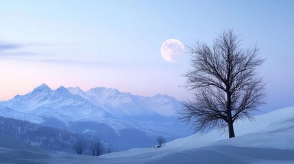 Snowy Mountain Landscape Under Bright Full Moon with Single Tree in Winter Twilight Setting