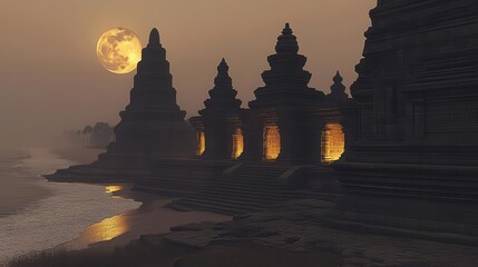 Silhouette of Ancient Temples Against a Rising Moon During Sunset Near the Shoreline
