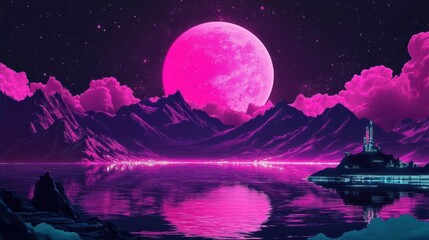 Surreal Landscape With Luminous Pink Full Moon Over Tranquil Waters And Majestic Mountains